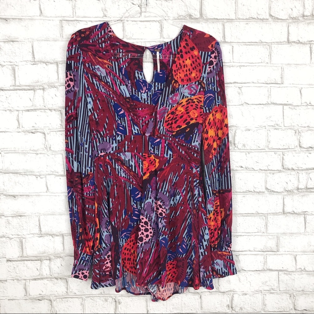 FREE PEOPLE Audrey Romper Sleeve Print Plunging 4 - Picture 2 of 5